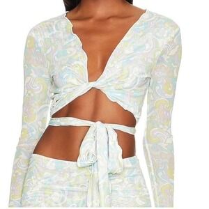 New Lovers & Friends Camila Mesh Crop Top Medium Blue Paisley Floral Tie Waist